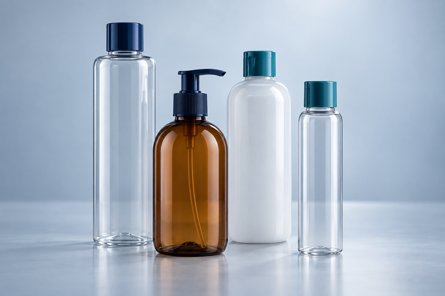 Composição ilustrativa de garrafas para cosméticos em diferentes formatos e acabamentos